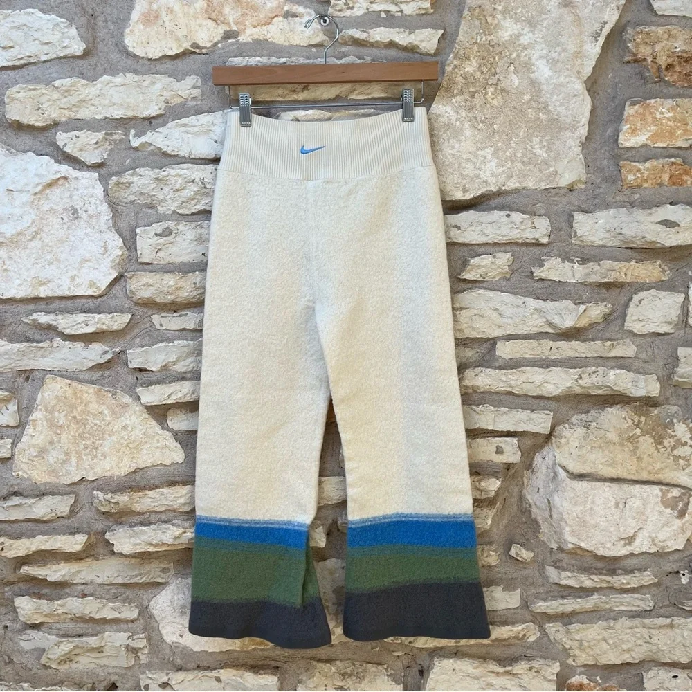 Nike Wide-Leg Knit Pants in Cream with Blue, Green & Gray Accents
